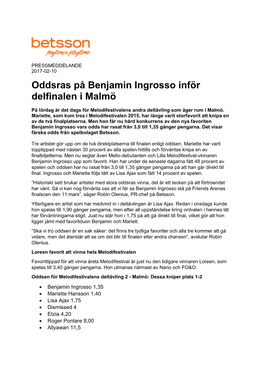 Oddsras På Benjamin Ingrosso Inför Delfinalen I Malmö