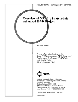 Overview of NREL's Photovoltaic Advanced R&D Project
