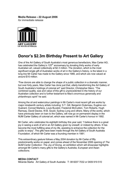 Donor's $2.3M Birthday Present to Art Gallery