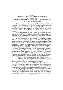 Decree Cabinet of the Ministers of the Republic of Tajikistan on Measures on Realization of the Land Reform in the Republic of Tajikistan