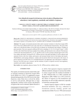 Low Dissolved Oxygen Levels Increase Stress in Piava (Megaleporinus Obtusidens): Iono-Regulatory, Metabolic and Oxidative Responses