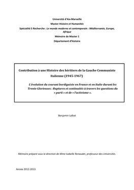 Contribution À Une Histoire Des Héritiers De La Gauche Communiste Italienne (1945-1967)