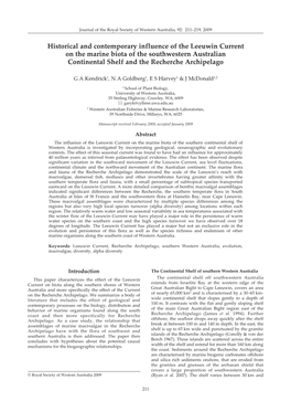 Historical and Contemporary Influence of the Leeuwin Current on the Marine Biota of the Southwestern Australian Continental Shelf and the Recherche Archipelago