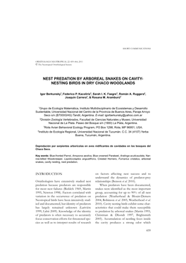 Nest Predation by Arboreal Snakes on Cavity- Nesting Birds in Dry Chaco Woodlands