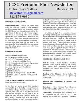 CCSC Frequent Flier Newsletter Editor: Steve Statkus March 2013 Stevestatkus@Gmail.Com 513-576-9080 in Southwestern Ohio