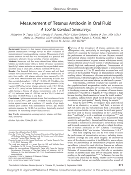 Measurement of Tetanus Antitoxin in Oral Fluid a Tool to Conduct Serosurveys Milagritos D