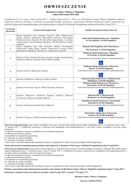 OBWIESZCZENIE Burmistrza Gminy I Miasta W Mogielnicy Z Dnia 24 Kwietnia 2019 Roku