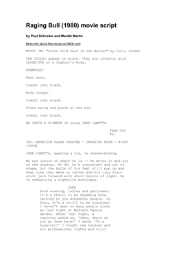 Raging Bull (1980) Movie Script by Paul Schrader and Mardik Martin