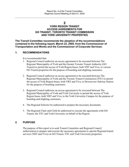 York Region Transit Access Agreements for Go Transit, Toronto Transit Commission and York University Properties