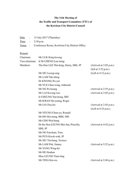 The 11Th Meeting of the Traffic and Transport Committee (TTC) of the Kowloon City District Council