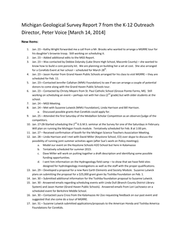 Michigan Geological Survey Report 7 from the K-12 Outreach Director, Peter Voice [March 14, 2014]