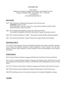 Curriculum Vitae Javier Uriarte Department of Hispanic Languages and Literature, Stony Brook University Humanities Building #105