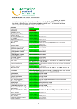 Monday 3Rd May 2021 Public Transport Service Alterations Issue 2 on 28Th April 2021 Some Public Transport Operators Will Operate