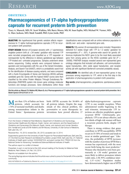 Pharmacogenomics of 17-Alpha Hydroxyprogesterone Caproate for Recurrent Preterm Birth Prevention Tracy A