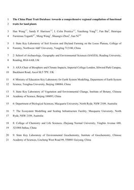 The China Plant Trait Database: Towards a Comprehensive Regional Compilation of Functional 1 Traits for Land Plants 2 Han Wang1