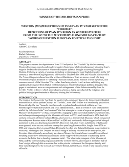 TERRIBLE”: DEPICTIONS of IVAN IV’S REIGN by WESTERN WRITERS from the 16Th to the 21St CENTURY ALONGSIDE 16Th-CENTURY WORKS of WESTERN EUROPEAN POLITICAL THOUGHT
