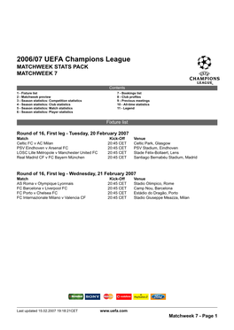 2006/07 UEFA Champions League MATCHWEEK STATS PACK MATCHWEEK 7