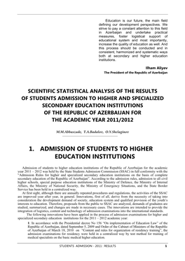 1. Admission of Students to Higher Education Institutions