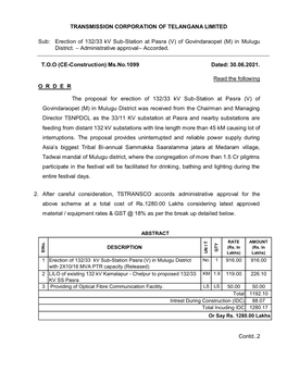 Erection of 132/33 Kv Sub-Station at Pasra (V) of Govindaraopet (M) in Mulugu District