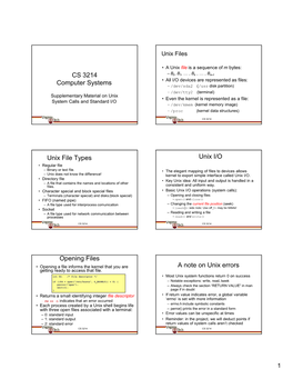 CS 3214 Computer Systems Unix File Types Unix I/O Opening Files A