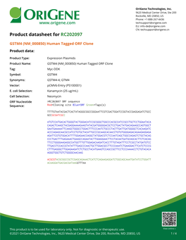 GSTM4 (NM 000850) Human Tagged ORF Clone Product Data