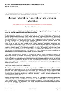 (Imperialism) and Ukrainian Nationalism Written by Taras Kuzio