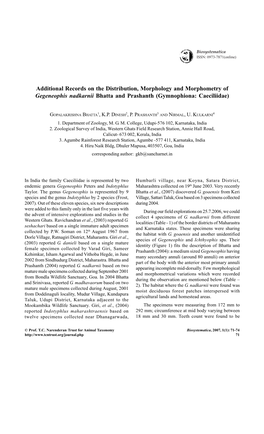 Additional Records on the Distribution, Morphology and Morphometry of Gegeneophis Nadkarnii Bhatta and Prashanth (Gymnophiona: Caeciliidae)