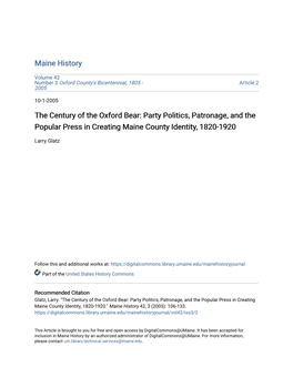 The Century of the Oxford Bear: Party Politics, Patronage, and the Popular Press in Creating Maine County Identity, 1820-1920