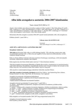 Albu Küla Arengukava Aastateks 2004-2007 Kinnitamine