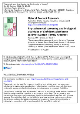 Phytochemical Screening and Biological Activities of Eminium Spiculatum (Blume) Kuntze (Family Araceae) Fatma U