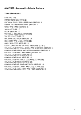 Comparative Primate Anatomy Table of Contents