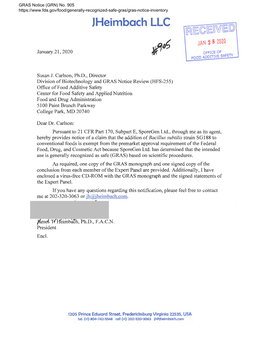 GRAS Notice 905: Bacillus Subtilis Strain SG188