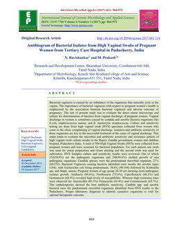 Antibiogram of Bacterial Isolates from High Vaginal Swabs of Pregnant Women from Tertiary Care Hospital in Puducherry, India