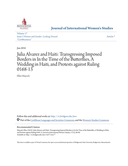 Julia Alvarez and Haiti: Transgressing Imposed Borders in in the Time of the Butterflies, a Wedding in Haiti, and Protests Against Ruling 0168-13 Ellen Mayock