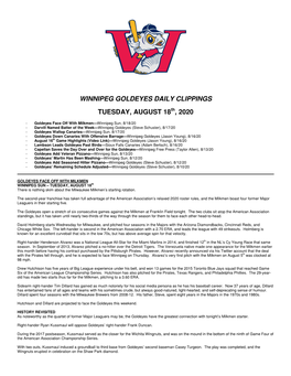 Winnipeg Goldeyes Daily Clippings Tuesday, August