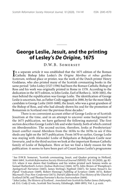 George Leslie, Jesuit, and the Printing of Lesley's De Origine, 1675