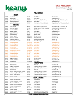 Local Product List (Availability Subject to Change) 10/5/2020