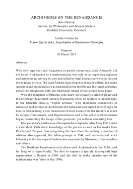 ARCHIMEDES (IN the RENAISSANCE) Jens Høyrup Section for Philosophy and Science Studeis Roskilde University, Denmark