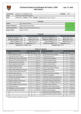 Comissão Estadual De Arbitragem De Futebol - CEAF Jogo: 72 / 2020 SÃO PAULO