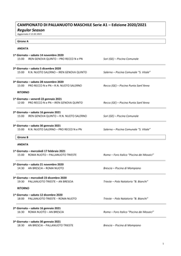 CAMPIONATO DI PALLANUOTO MASCHILE Serie A1 – Edizione 2020/2021 Regular Season Aggiornato Il 12.02.2021