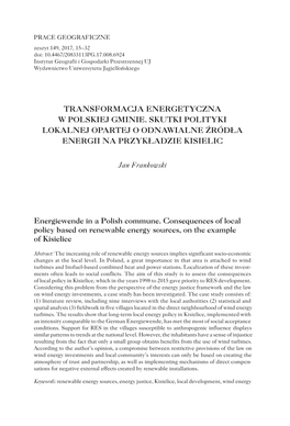 Transformacja Energetyczna W Polskiej Gminie. Skutki Polityki Lokalnej Opartej O Odnawialne Źródła Energii Na Przykładzie Kisielic