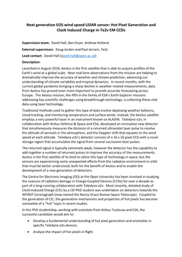 Next Generation EOS Wind Speed LIDAR Sensor: Hot Pixel Generation and Clock Induced Charge in Te2v EM Ccds