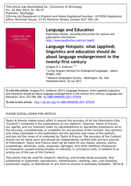 Language Hotspots: What (Applied) Linguistics and Education Should Do About Language Endangerment in the Twenty-First Century Gregory D.S