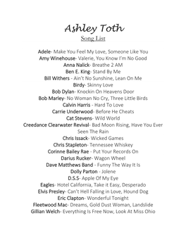 Ashley Toth Song List