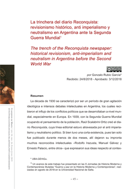 La Trinchera Del Diario Reconquista: Revisionismo Histórico, Anti Imperialismo Y Neutralismo En Argentina Ante La Segunda Guerra Mundial 1