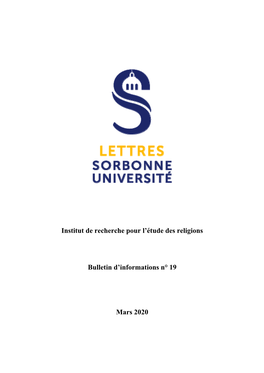 Institut De Recherche Pour L'étude Des Religions Bulletin D'informations N° 19 Mars 2020