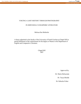 Voicing a Lost History Through Photography in Hispaniola’S Diasporic Literature (Under the Direction of María Deguzmán)