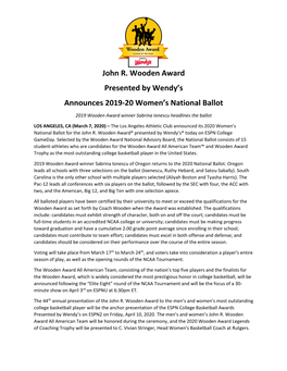 John R. Wooden Award Presented by Wendy's Announces 2019-20 Women's National Ballot