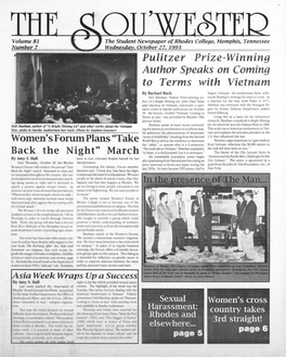 THE C1 ['Wecf~,~'ER Volume 81 the Student Newspaper of Rhodes College, Memphis, Tennessee Number 7 Wednesday