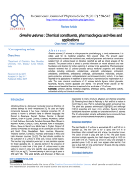 Gmelina Arborea : Chemical Constitu Hemical Constituents, Pharmacological Ac Applications Harmacological Activities